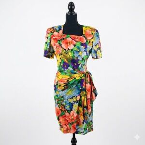 Vintage Albert Nipon 100% Silk Floral Jacquard Drape Dress 80s Colorful Mod 8